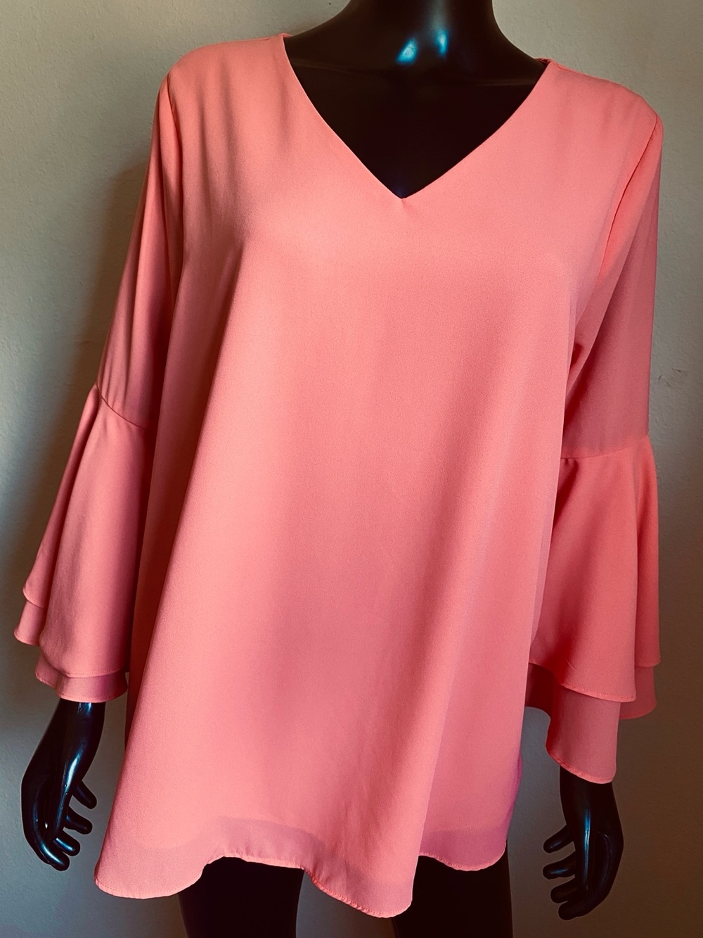 Zenana Outfitters Coral Pink V-Neck Bell Sleeve Blouse